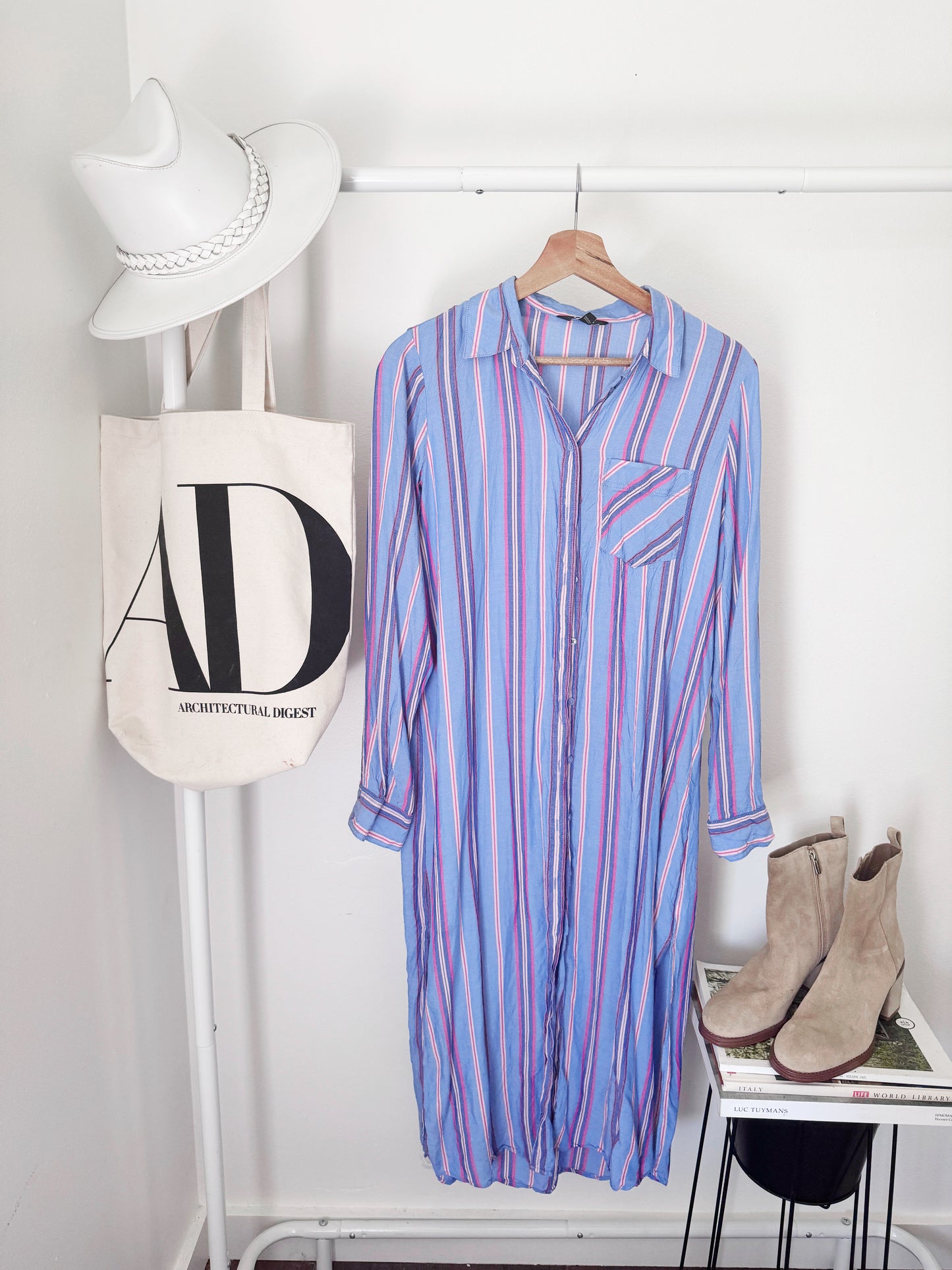 Long blue and pink striped button down top or coverup by Express size small